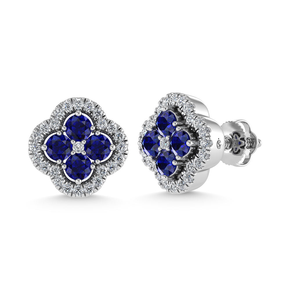14K White Gold Diamond 7/8 Ct.Tw. and Blue Sapphire Clover Earrings