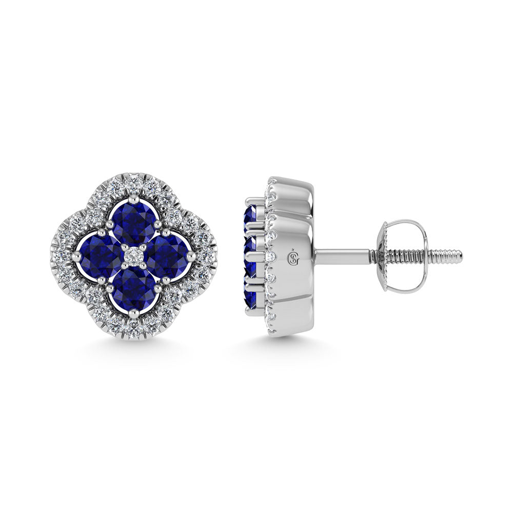 14K White Gold Diamond 7/8 Ct.Tw. and Blue Sapphire Clover Earrings