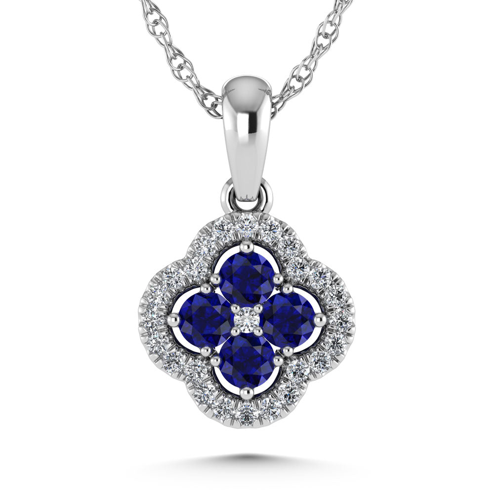 14K White Gold Diamond 5/8 Ct.Tw. and Blue Sapphire Clover Pendant