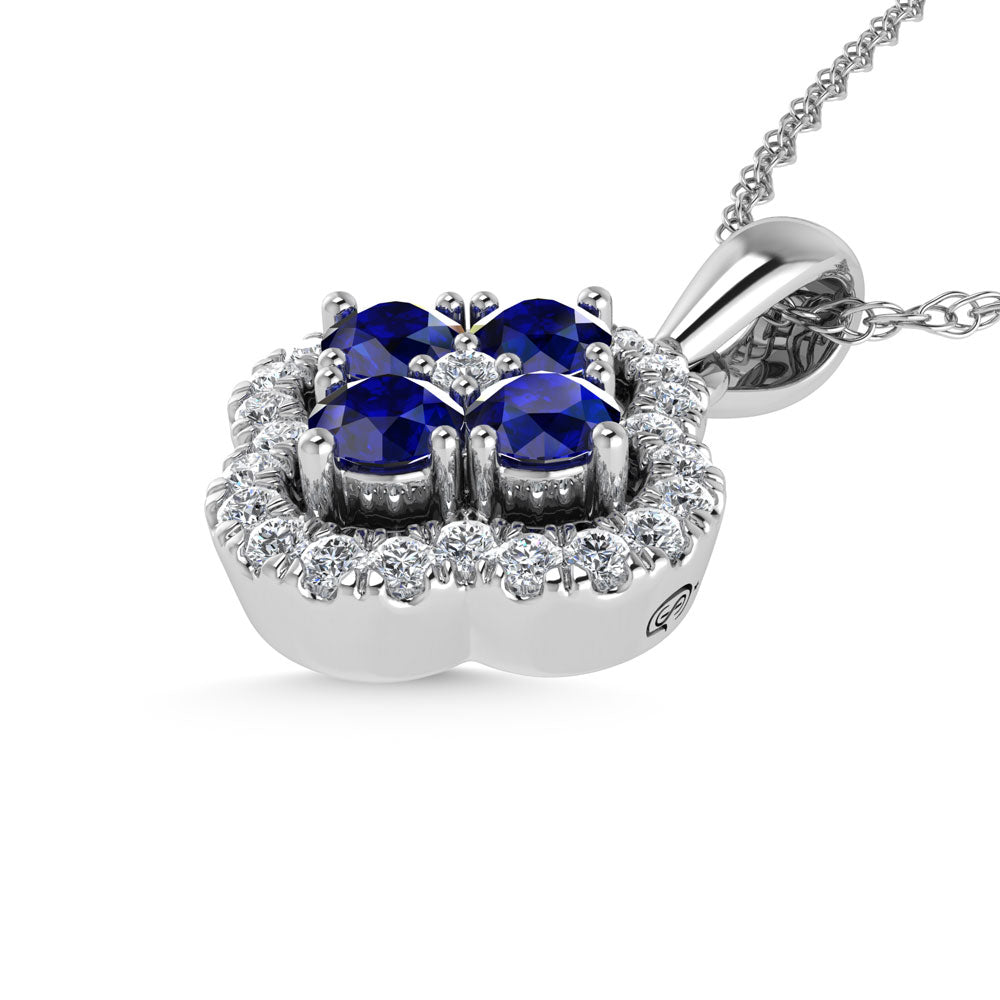 14K White Gold Diamond 5/8 Ct.Tw. and Blue Sapphire Clover Pendant