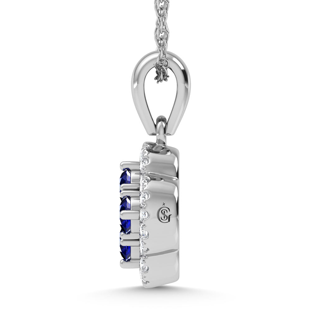 14K White Gold Diamond 5/8 Ct.Tw. and Blue Sapphire Clover Pendant