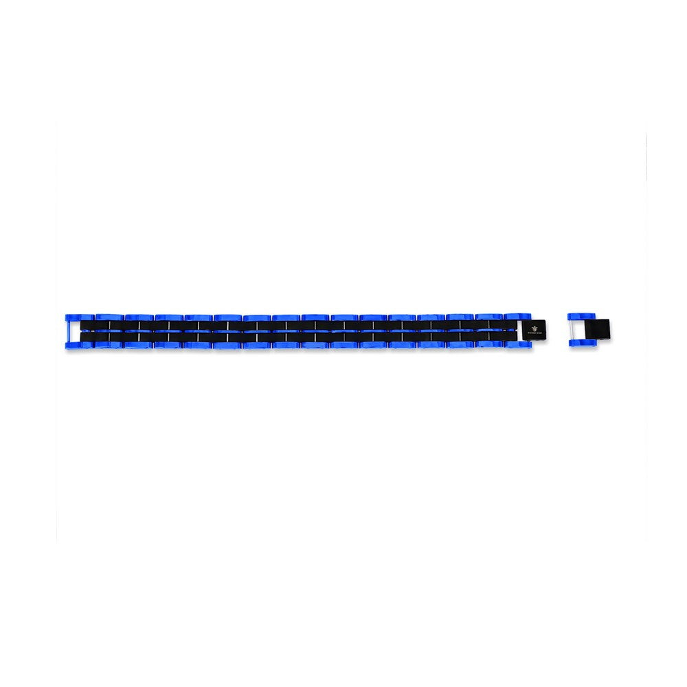 Stainless Steel, Two-Tone Double Striped Linked Bracelet - Black & Blue