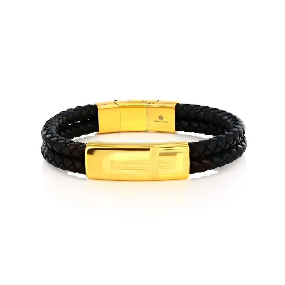 Stainless Steel, Double Leather Strand, Cross Design Bracelet - Black & Gold