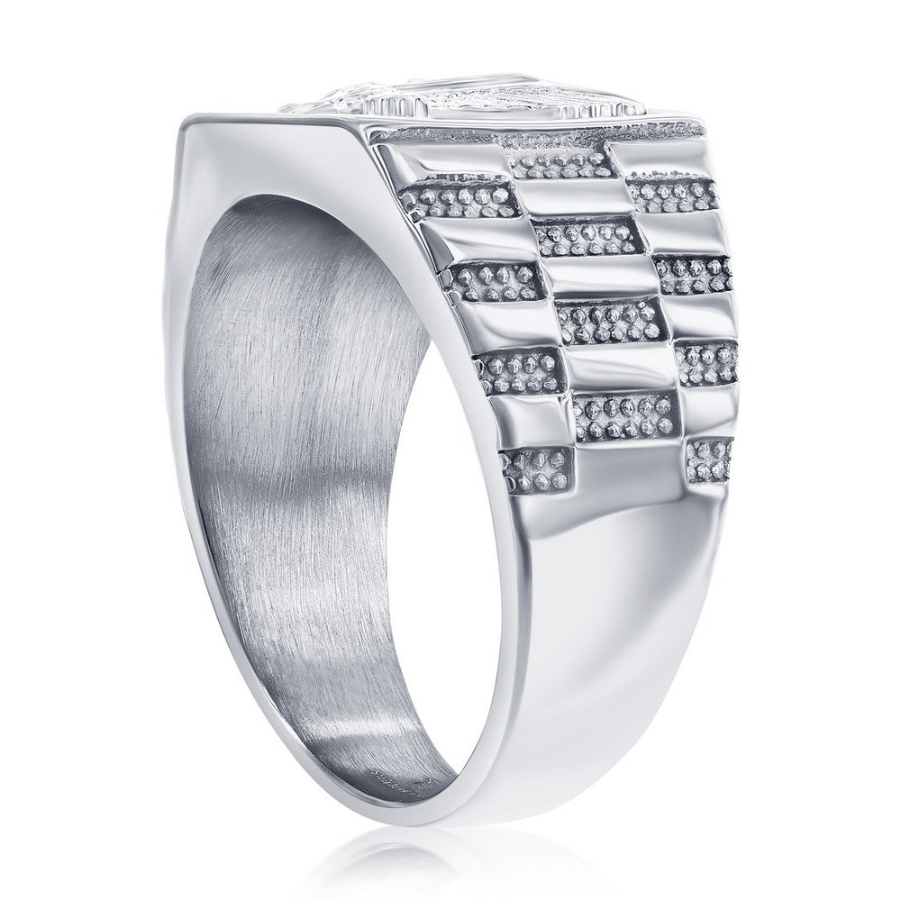 Stainless Steel, Square Textured, Eagle Design Ring