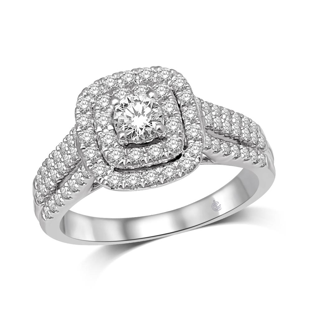 14K White Gold 1 Ct.Tw. Diamond Halo Engagement Ring