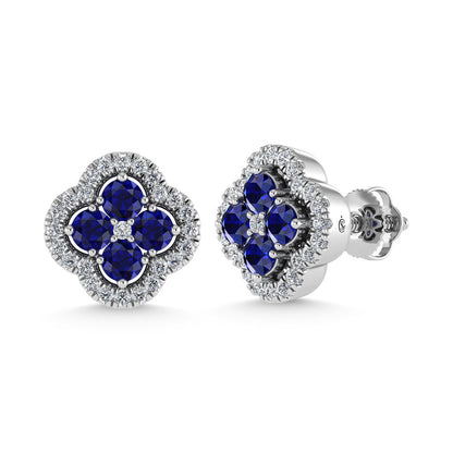 14K White Gold Diamond 7/8 Ct.Tw. and Blue Sapphire Clover Earrings