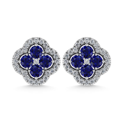 14K White Gold Diamond 7/8 Ct.Tw. and Blue Sapphire Clover Earrings