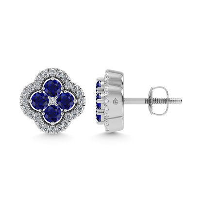 14K White Gold Diamond 7/8 Ct.Tw. and Blue Sapphire Clover Earrings
