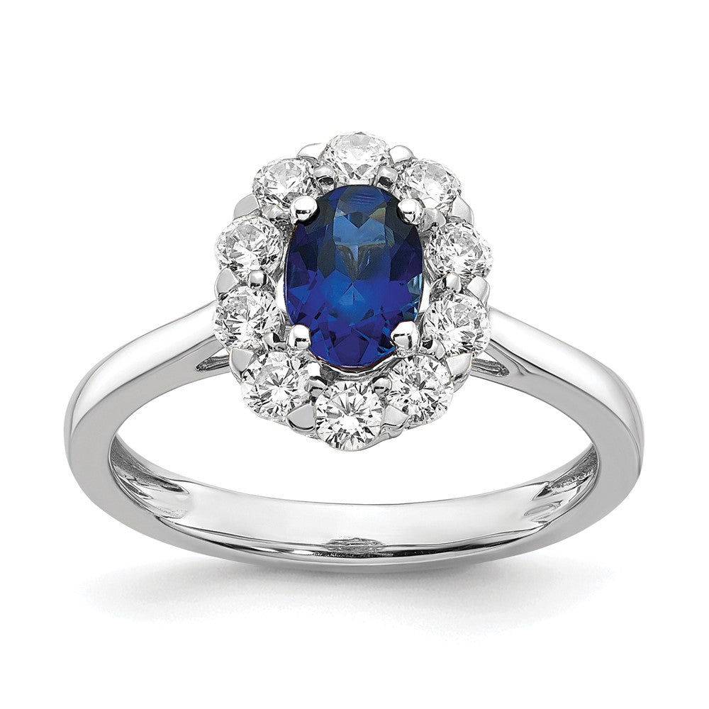 14K White Gold Lab Grown VS/SI FGH Dia & Cr. Oval Blue Sapphire Fashion Rin