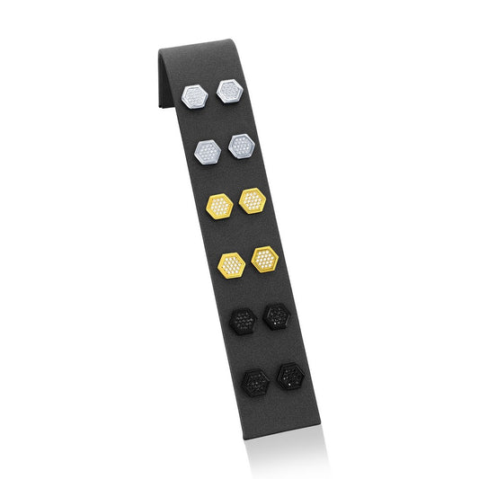 Stainless Steel, Hexagon CZ Studs, 6 Pair on Ramp