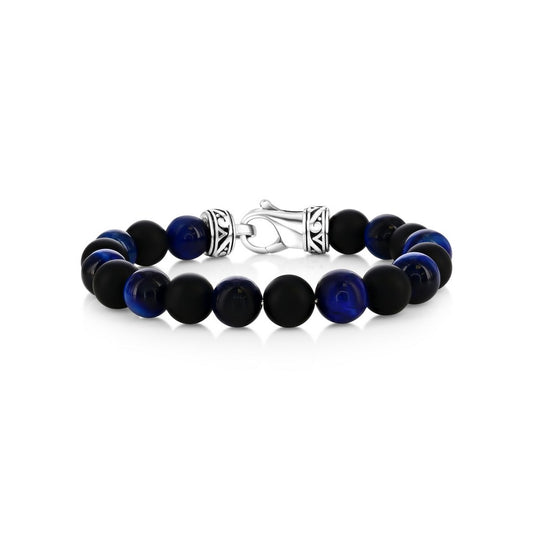 Stainless Steel, 10mm Alternating Genuine Bead Bracelet - Blue Tiger Eye & Onyx